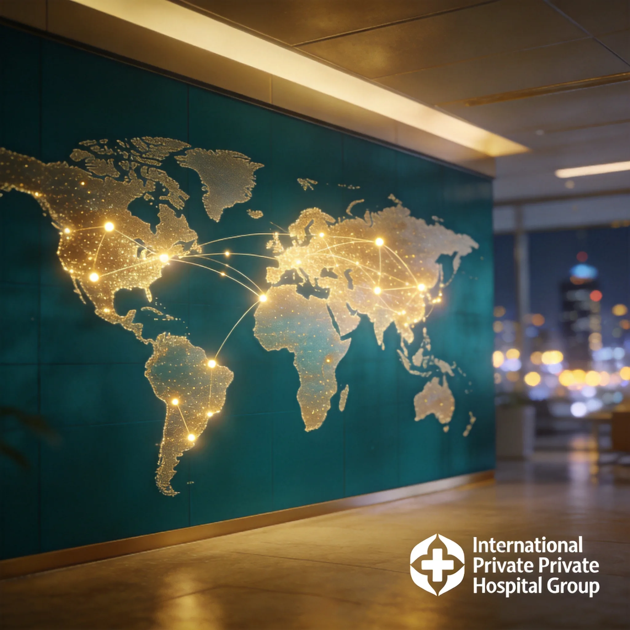 Global healthcare network: a world map connected by points of light